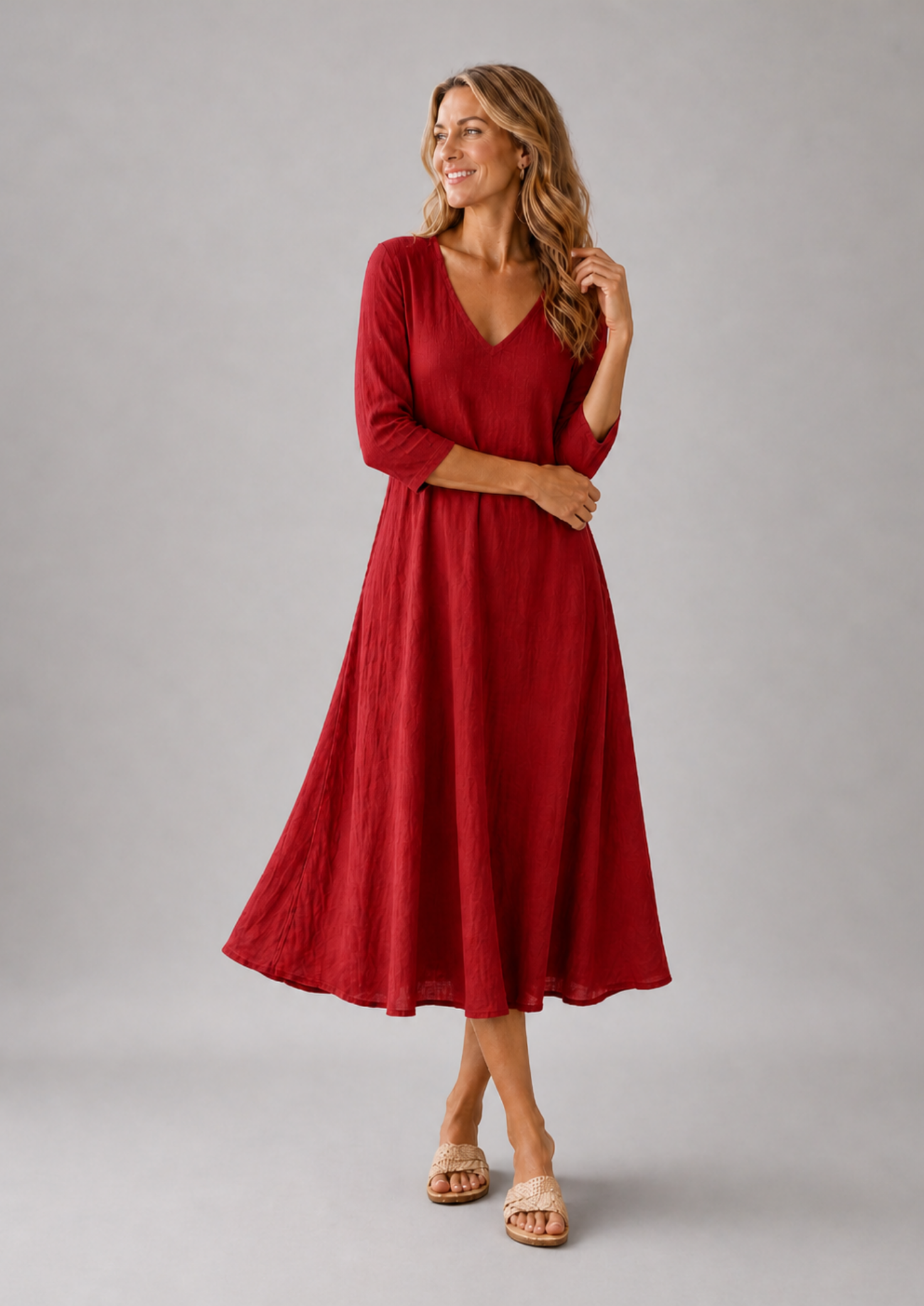 Women’s V-Neck Midi Dress with 3/4 Sleeves