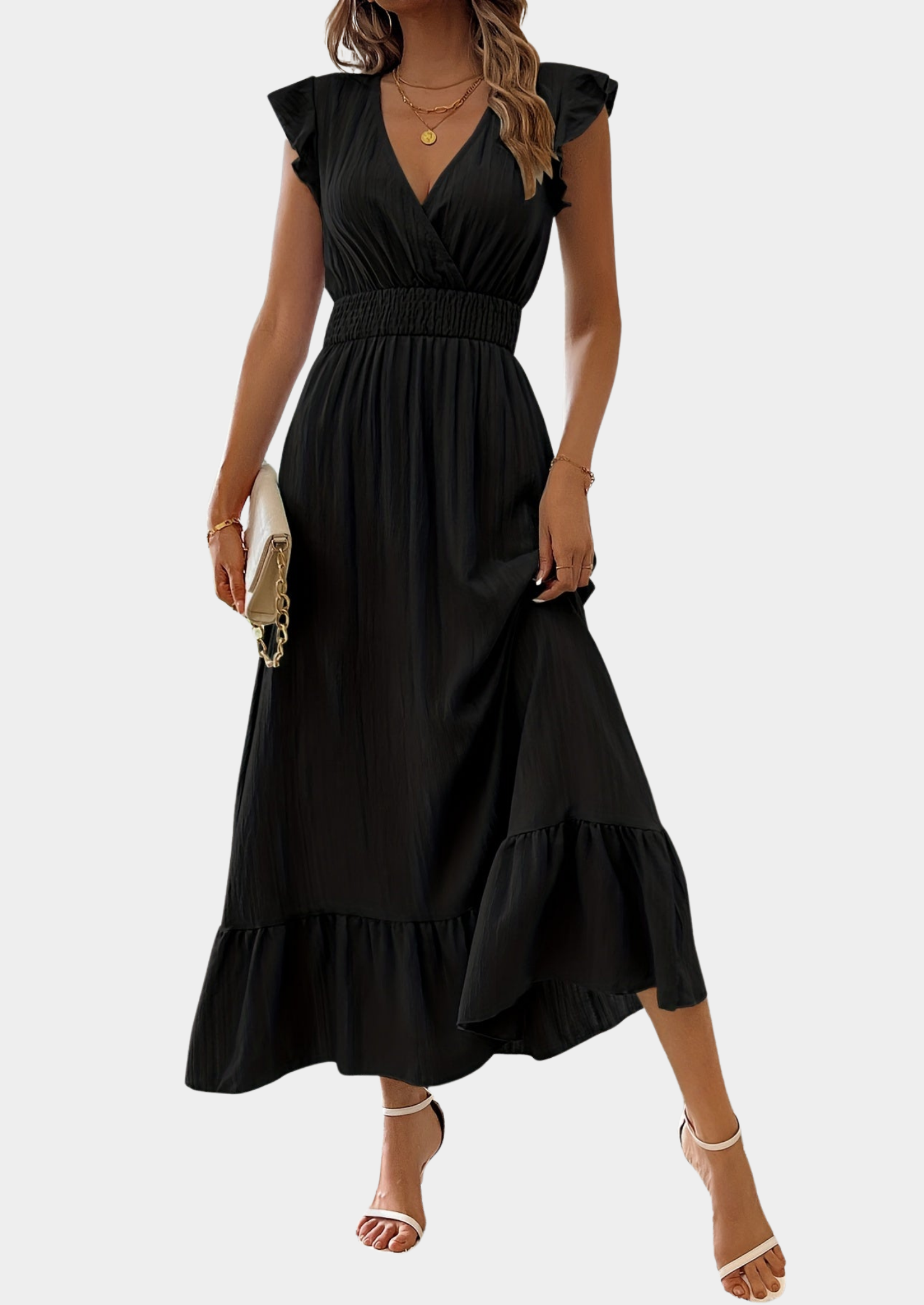 Women’s V-Neck Ruffled Midi Dress with Shirred Waist and Flared Hem