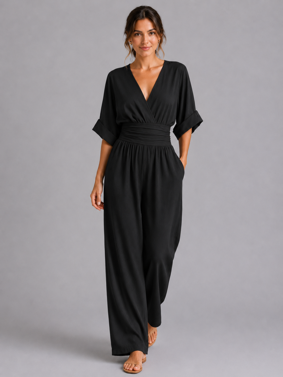 Women’s V-Neck Wide-Leg Jumpsuit with Cinched Waist