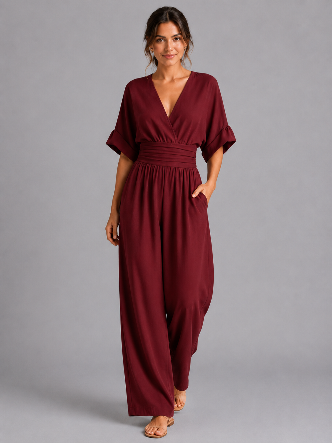 Women’s V-Neck Wide-Leg Jumpsuit with Cinched Waist