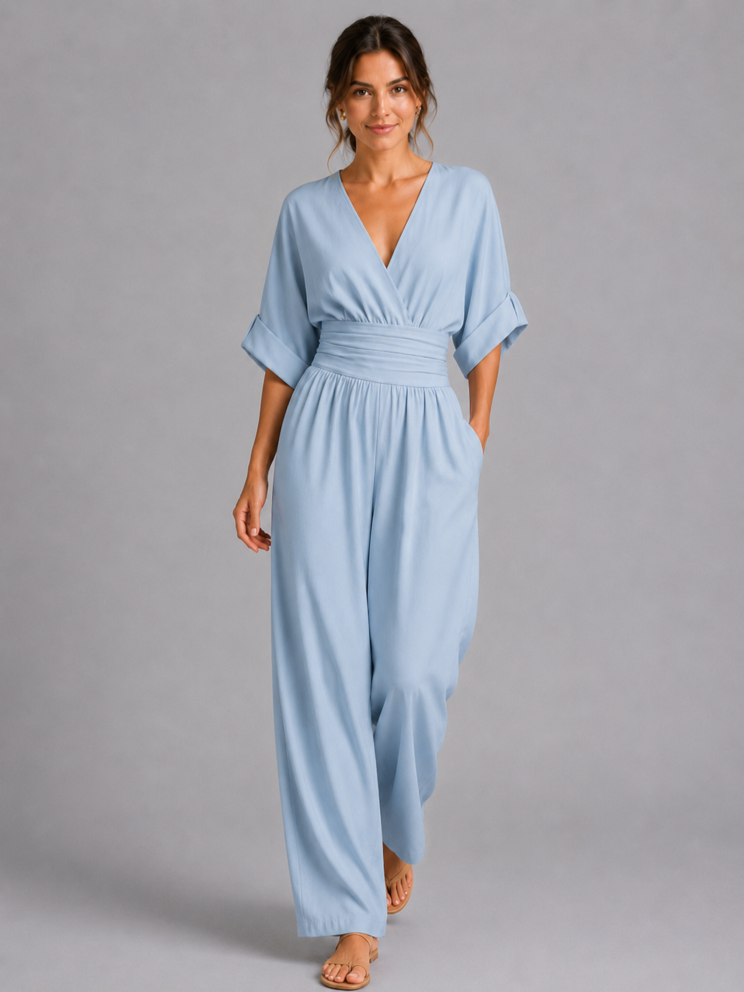 Women’s V-Neck Wide-Leg Jumpsuit with Cinched Waist