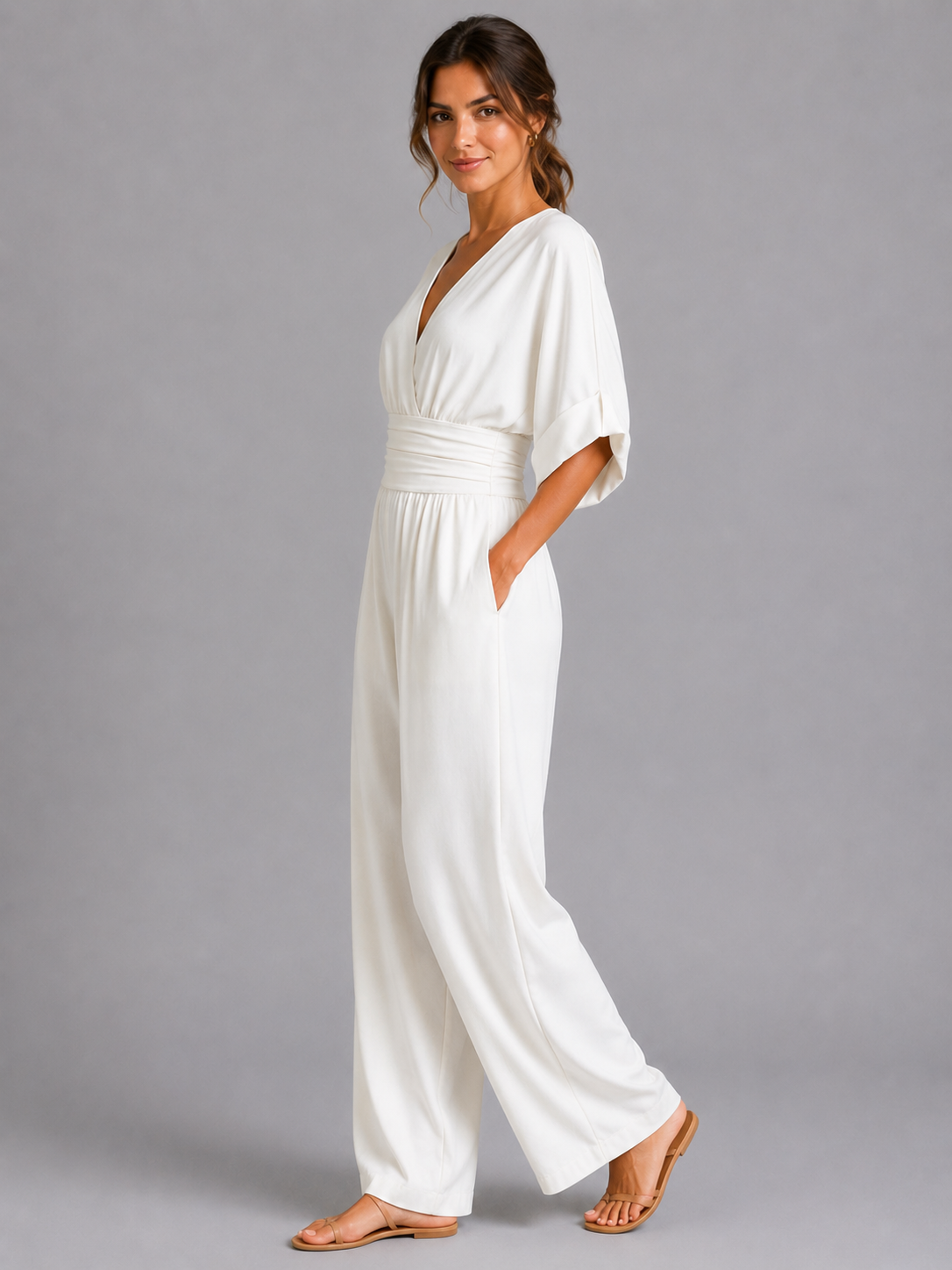 Women’s V-Neck Wide-Leg Jumpsuit with Cinched Waist