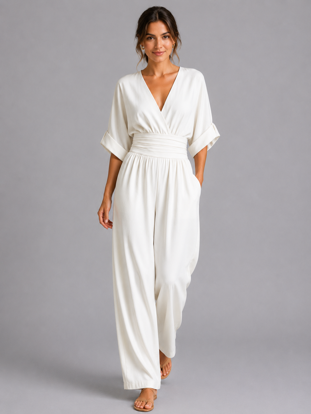 Women’s V-Neck Wide-Leg Jumpsuit with Cinched Waist