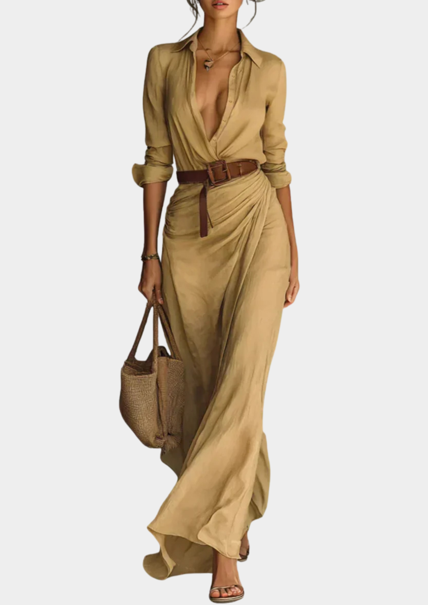 Women’s Wrap Maxi Dress with Long Sleeves and Belt